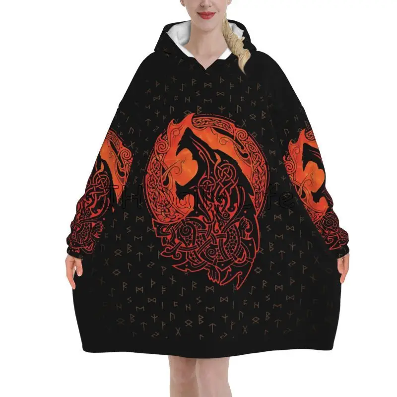 Sherpa Hoodie Fleece - Viking Wolf Knot Fenrir Wearable Hoodie