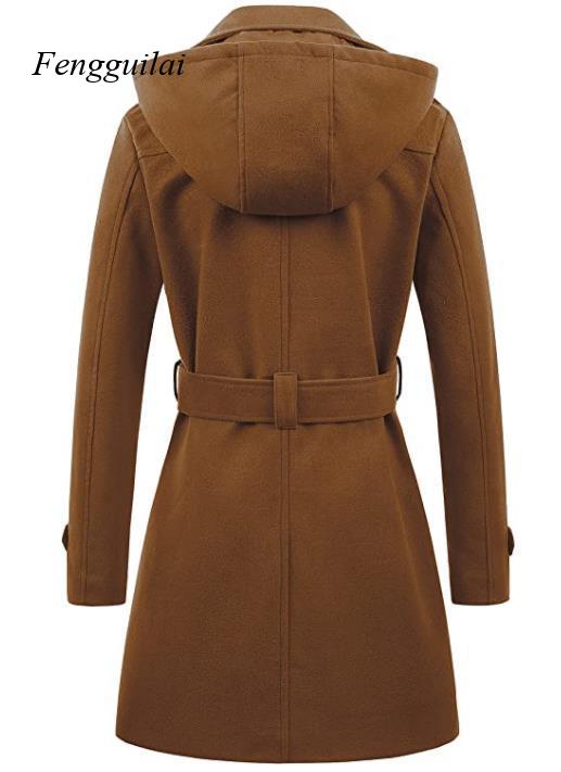 Women's Black Hooded Double Br - Wool Coat Peacoat 评论和价格